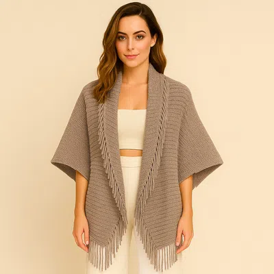 Truedames Solid Knit Fringe Trim Cocoon Shawl In Gray