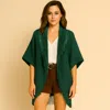 Truedames Solid Knit Fringe Trim Cocoon Shawl In Green