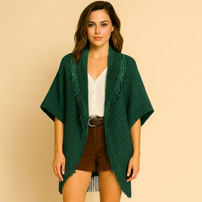 Truedames Solid Knit Fringe Trim Cocoon Shawl In Green