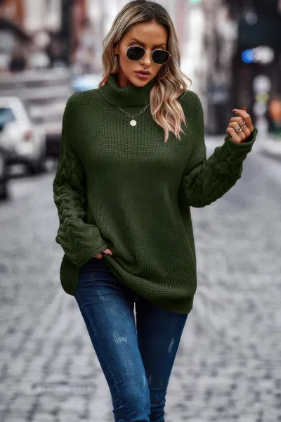 Truedames Solid Knit Long Sleeve Turtleneck Loose Sweater In Green