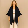 Truedames Solid Knit Open Front Punched Ruffle Sleeves Kimono Poncho In Black