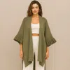 Truedames Solid Knit Open Front Punched Ruffle Sleeves Kimono Poncho In Green