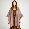 Truedames Solid Knit Open Front Punched Ruffle Sleeves Kimono Poncho In Pink