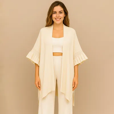 Truedames Solid Knit Open Front Punched Ruffle Sleeves Kimono Poncho In White