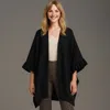 Truedames Solid Knit Open Front Ruffled Sleeves Kimono Poncho In Black
