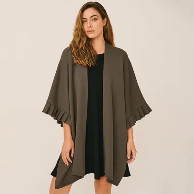 Truedames Solid Knit Open Front Ruffled Sleeves Kimono Poncho In Green