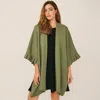 Truedames Solid Knit Open Front Ruffled Sleeves Kimono Poncho In Green