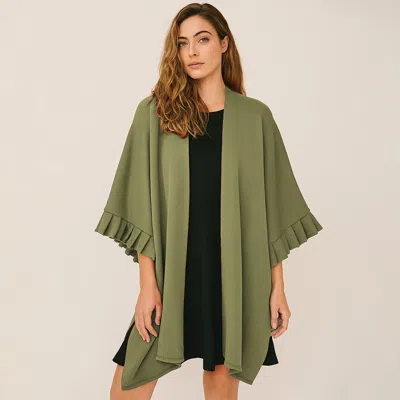 Truedames Solid Knit Open Front Ruffled Sleeves Kimono Poncho In Green