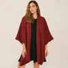 Truedames Solid Knit Open Front Ruffled Sleeves Kimono Poncho In Red