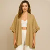 Truedames Solid Knit Open Front Ruffled Sleeves Kimono Poncho In Yellow