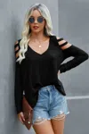 Truedames Solid Knitted V Neck Cut Out Shoulder Top In Black
