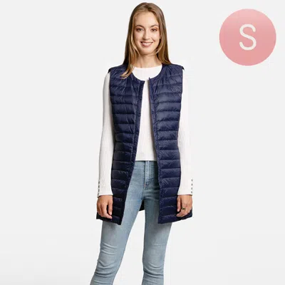 Truedames Solid Light Long Puffer Front Pockets Button Vest In Blue