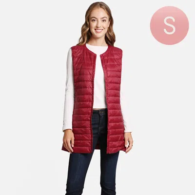 Truedames Solid Light Long Puffer Front Pockets Button Vest In Red