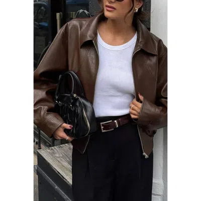 Truedames Solid Long Sleeve Short Lapel Zipper Jacket In Brown