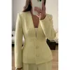 Truedames Solid Long Sleeve V Neck Button Fit Blazer In Yellow