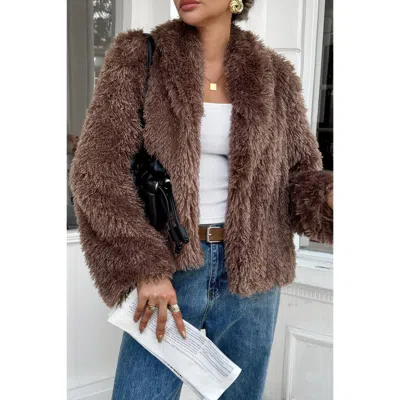 Truedames Solid Long Sleeves Elegant Faux Fur Jacket In Black