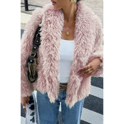 Truedames Solid Long Sleeves Elegant Faux Fur Jacket In Pink