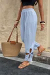 Truedames Solid Loose Elastic Waist Hollow Out Long Pant In Blue