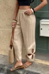 Truedames Solid Loose Elastic Waist Hollow Out Long Pant In Brown
