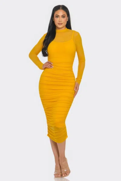 Truedames Solid Mesh Ruched Midi Dress In Yellow