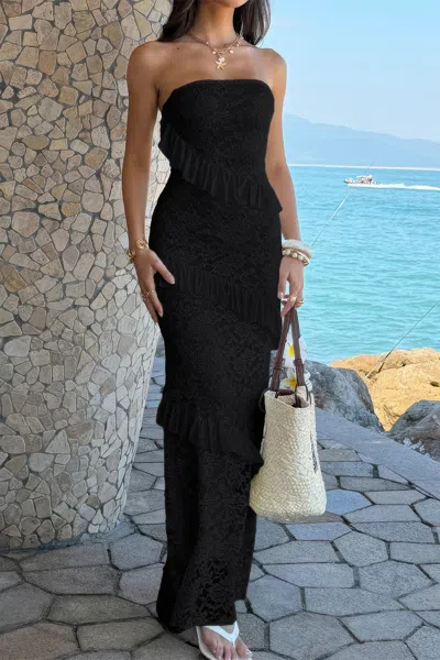Truedames Solid Off Shoulder Bodycon Lace Maxi Dress In Black