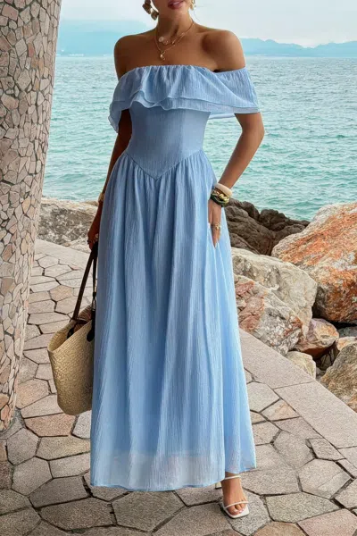Truedames Solid Off Shoulder Corset Ruffle Long Dress In Blue