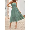 Truedames Solid Off Shoulder Elasit Waist Ruffle Dress In Green