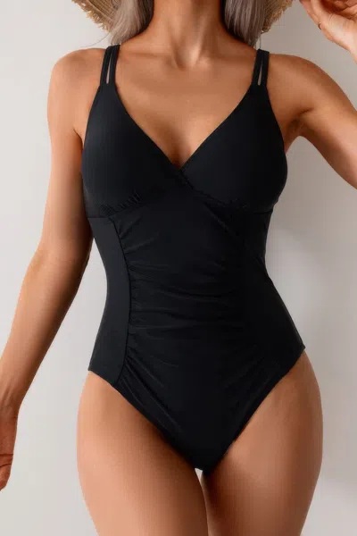 Truedames V Neck Halter One Piece Ruched Backless Swimsuit In Black