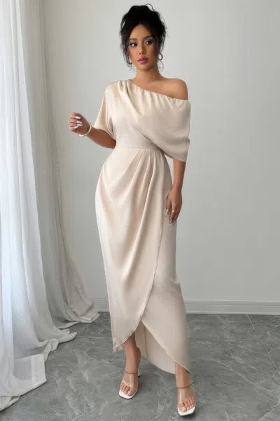 Truedames Solid One Shoulder Cross Ruched Dress In Neutral