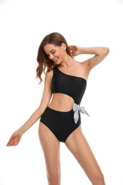 Truedames Solid One Shoulder Cut Out Waist Knot Swimsuit In Black
