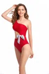 Truedames Solid One Shoulder Cut Out Waist Knot Swimsuit In Red