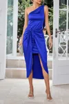 Truedames Solid One Shoulder Knot Side Asymmetrical Hem Dress In Blue