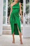 Truedames Solid One Shoulder Knot Side Asymmetrical Hem Dress In Green