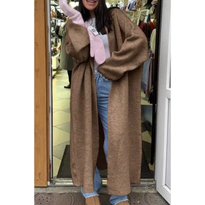 Truedames Solid Open Front Knit Long Body Cardigan In Brown