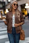 Truedames Solid Plaid Stitch Pockets Bomber Jacket In Brown
