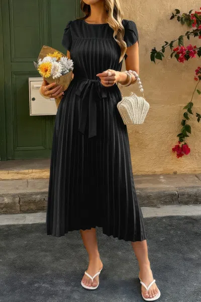 Truedames Solid Pleated Belt Short Puff Sleeves Fit Dress In Black