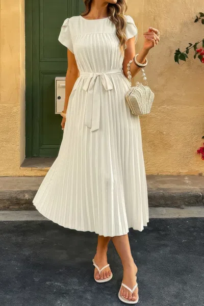 Truedames Solid Pleated Belt Short Puff Sleeves Fit Dress In Neutral