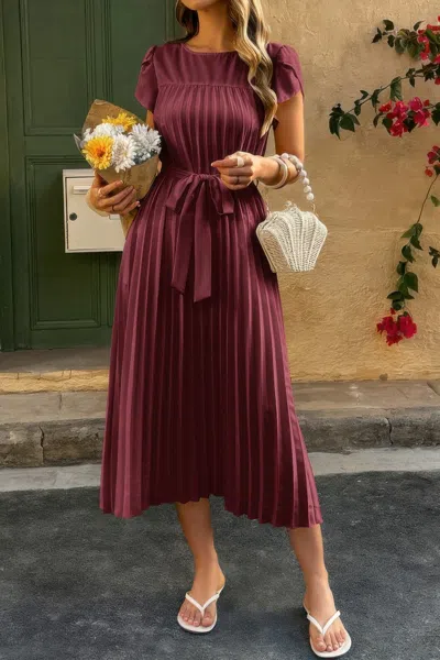 Truedames Solid Pleated Belt Short Puff Sleeves Fit Dress In Purple