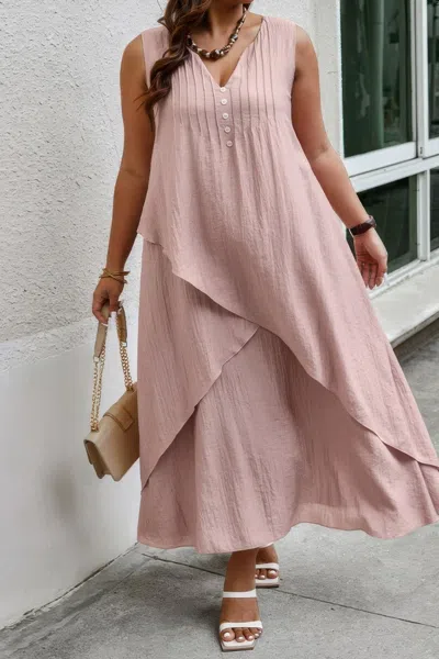 Truedames Solid Plus Notched Neck Wrap Sleeveless Loose Dress In Pink