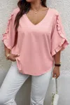 Truedames Solid Plus V Neck Ruffle Trim Petal Sleeve Blouse In Pink