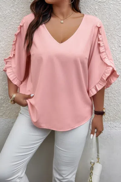 Truedames Solid Plus V Neck Ruffle Trim Petal Sleeve Blouse In Pink