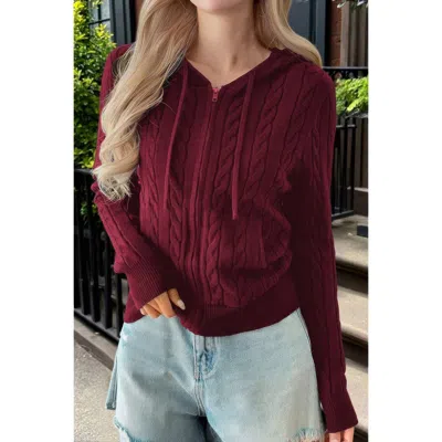 Truedames Solid Pocket Cable Knit Hooded Jacket In Burgundy