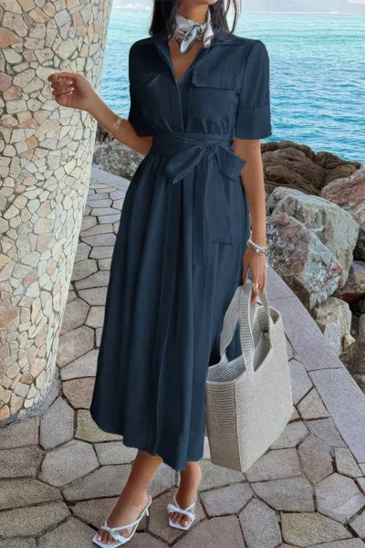 Truedames Solid Pocket Turn Down Collar A Line Dress In Blue