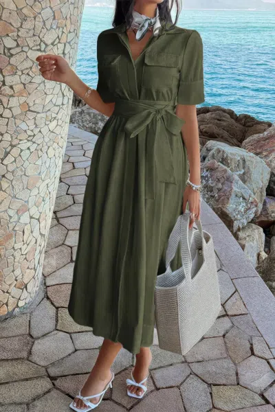Truedames Solid Pocket Turn Down Collar A Line Dress In Green