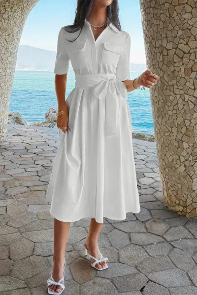 Truedames Solid Pocket Turn Down Collar A Line Dress In White