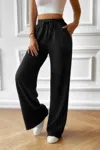 Truedames Solid Pockets Elastic Waist Loose Straight Pants In Black