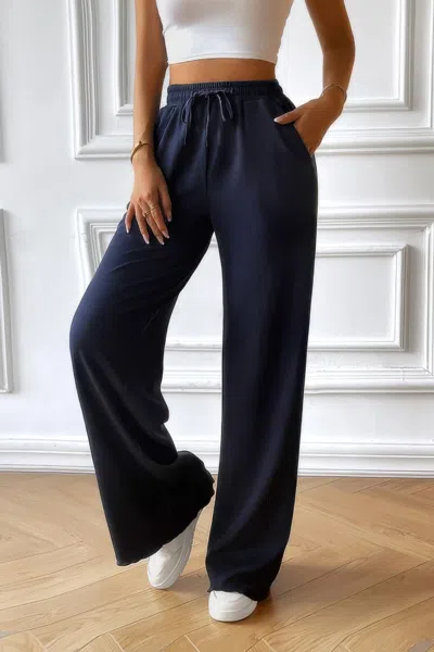 Truedames Solid Pockets Elastic Waist Loose Straight Pants In Blue