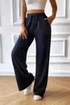 Truedames Solid Pockets Elastic Waist Loose Straight Pants In Blue