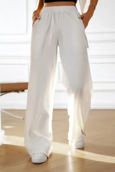 Truedames Solid Pockets Elastic Waist Loose Straight Pants In White