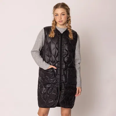 Truedames Solid Quilted Long Vest In Black